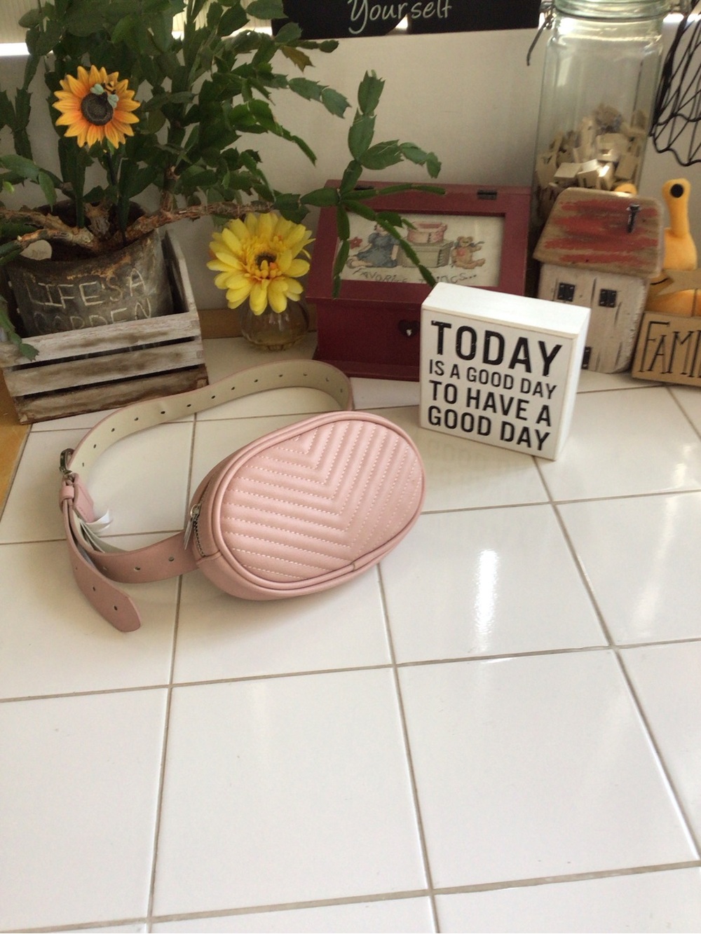 Blush Pink Oval Chevron-Quilted Faux Leather Belt Bag/Clutch